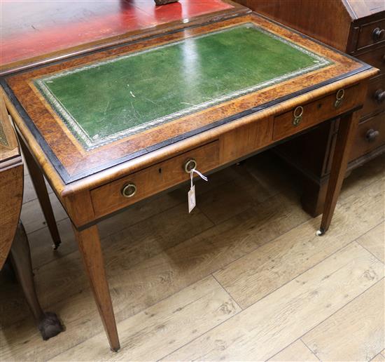 An Edwardian burr wood banded and inlaid walnut writing table, inset green leather skiver, W.100cm